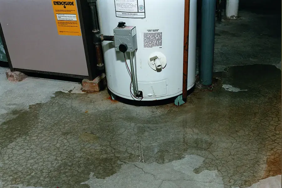 Leaking water heater with water pooled on the garage floor in Modesto