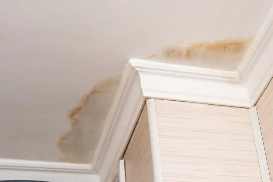 Water stain spreading along a ceiling corner in a Modesto home