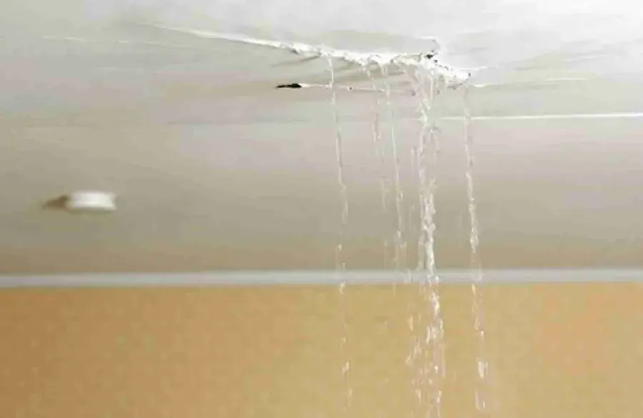 Water pouring through a split ceiling seam from a burst pipe in a Modesto home