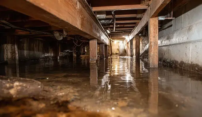 Standing water under the floor joists of a flooded Modesto crawlspace
