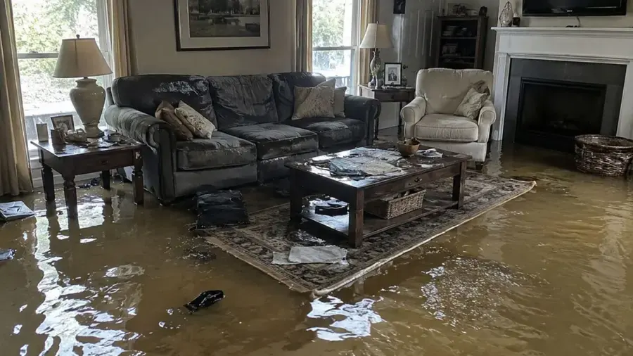 Flood water covering a living room floor after a Modesto winter storm