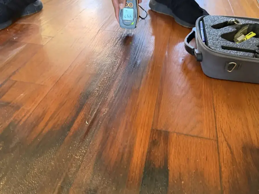 Moisture meter reading a wet hardwood floor in a Modesto home