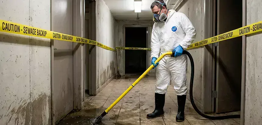 Worker in protective suit and respirator extracting a sewage backup behind caution tape