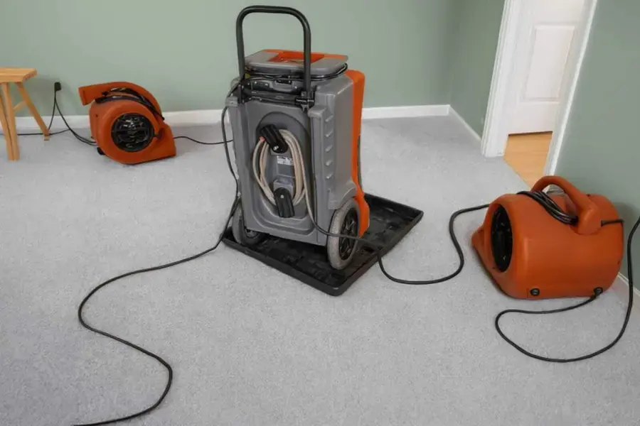 Dehumidifier and air movers drying a carpeted room in Modesto